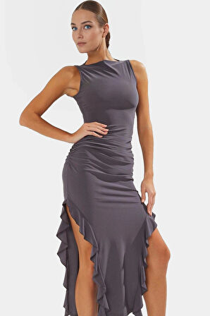 Bodycon Maxi Elbise Esnek Fırfırlı Kayık Yaka Yazlık Seçkin Malzeme Trend Tasarım