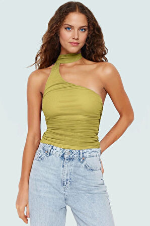 Esnek Örme Bluz; Asimetrik Yaka Bağlama Detay Kolsuz Fitted Kaliteli İşçilik