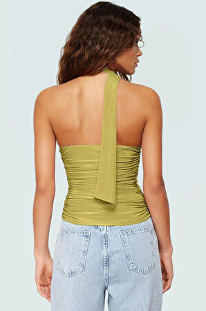 Esnek Örme Bluz; Asimetrik Yaka Bağlama Detay Kolsuz Fitted Kaliteli İşçilik