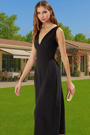 Şık A Kesim Midi Abiye Elbise Polyester Elastan Dokuma Kumaş Profesyonel Görünüm Modern Stil