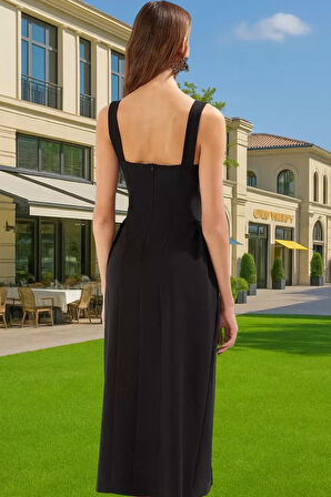 Şık A Kesim Midi Abiye Elbise Polyester Elastan Dokuma Kumaş Profesyonel Görünüm Modern Stil