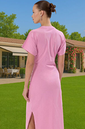 Kadın %100 Pamuk Midi Elbise Yırtmaç ve Bağlama Detaylı Rahat Kesim Uzun Ömürlü Trend Tasarım