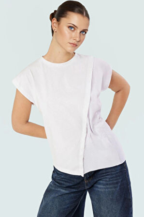 Asimetrik Bluz Kısa Kol Bisiklet Yaka Pamuklu Örme Kumaş Rahat Kalıp Ve Şık