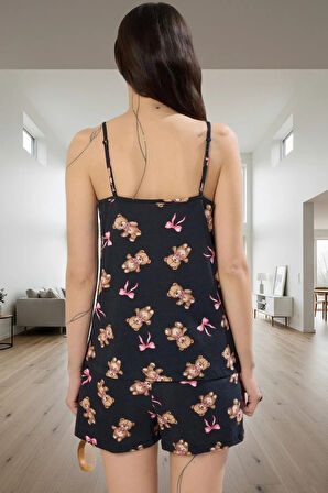 Yazlık %100 Pamuklu Rahat Pijama Takımı; Ayıcıklı Desen V Yaka Regular Kalıp Zarifane Tasarım