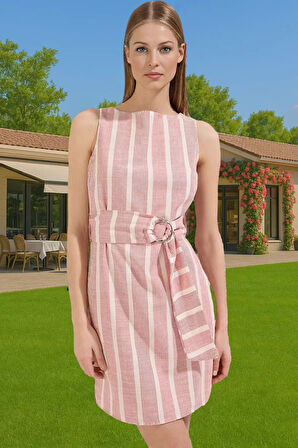 Rahat Kemerli Çizgili Mini Elbise Keten Dokulu Nefes Alabilir Yazlık Rahat Kullanım Rahat Ve Şık