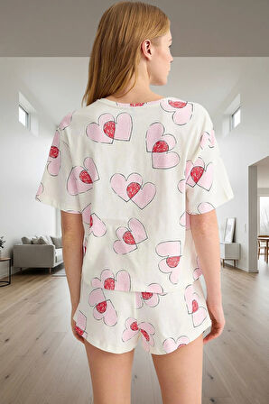 Rahat Yazlık %100 Pamuklu Pijama Takımı Renk Kalp Desenli Profesyonel Görünüm Ve Şık
