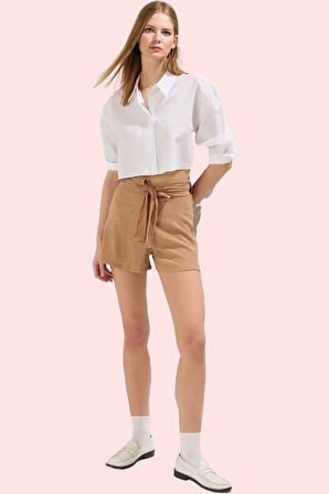 Kadın Bürümcük Dokuma Kısa Şort Bağlama Detaylı Rahat Günlük Yaz Hafta Sonu Modern Tasarım