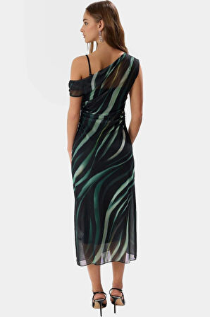 Bodycon Midi Tül Elbise Şık Asimetrik Yaka ve Çiçek Desen Uzun Ömürlü Özenle Seçilmiş