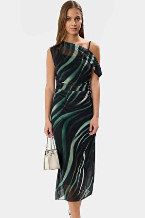 Bodycon Midi Tül Elbise Şık Asimetrik Yaka ve Çiçek Desen Uzun Ömürlü Özenle Seçilmiş