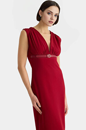 Bodycon Midi Elbise V Yaka Kemerli Scuba Krep Polyester Günlük Uzun Ömürlü Modern Stil