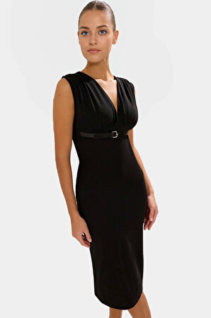 Bodycon Midi Elbise V Yaka Kemerli Scuba Krep Polyester Günlük Uzun Ömürlü Modern Stil