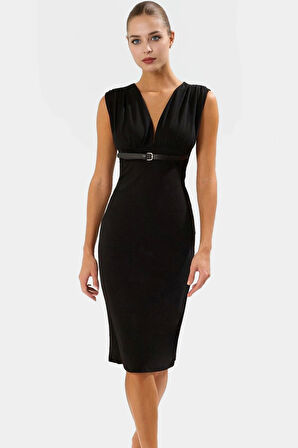 Bodycon Midi Elbise V Yaka Kemerli Scuba Krep Polyester Günlük Uzun Ömürlü Modern Stil