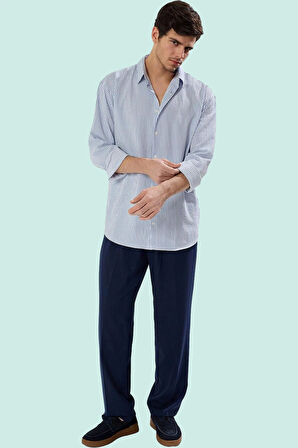 Erkek Basic Gömlek Uzun Kollu Çizgili Rahat Polyester Elastan Günlük Yaz Aylarının Vazgeçilmezi