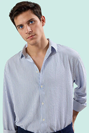 Erkek Basic Gömlek Uzun Kollu Çizgili Rahat Polyester Elastan Günlük Yaz Aylarının Vazgeçilmezi