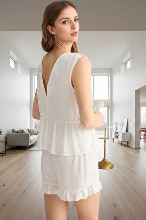 Viskon Pijama Takımı Fırfır Detaylı Rahat Yazlık Ev Giyim Seti Kaliteli İşçilik