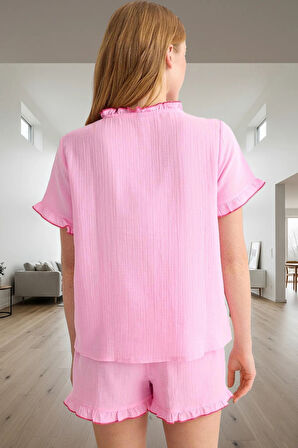 Rahat ve Şık Pijama Takımı Müslin Kumaş Fırfırlı Detaylar Görünüm Kaliteli İşçilik