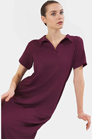 Rahat Kalıp Örme Midi Elbise Yazlık Polyester Kumaş Polo Yaka Kısa Kol Premium Kalite