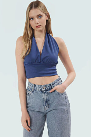 Vücuda Oturan Crop Bluz Boyundan Bağlamalı Örme Kumaş Modern Stil Premium Kalite