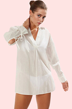 Kadın Pamuklu Bağcıklı Plaj Gömleği A line Truvakar Kol Günlük Kullanım Yaz Aylarının Vazgeçilmezi