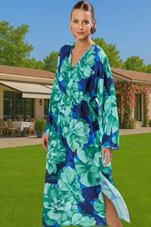 Şal Yaka Maxi Dokuma Elbise Tek Kol Yırtmaçlı Plaj Modası Konforlu Kesim Uzun Ömürlü