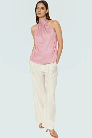 Kadın Yazlık Bluz Halter Yaka Pilise Dokuma Regular Kalıp Polyester Kumaş