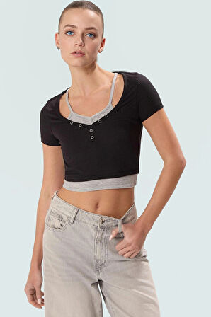 Çıtçıtlı Kısa Bluz Polyester Kaşkorse Örme Günlük Stil Rahat Kullanım Şık Görünüm