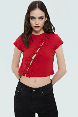 Yazlık Kadın Crop Bluz Fiyonk Detaylı Pamuklu Dayanıklı Malzeme