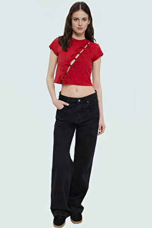 Yazlık Kadın Crop Bluz Fiyonk Detaylı Pamuklu Dayanıklı Malzeme