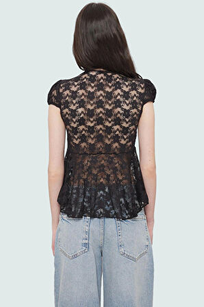 Asimetrik Dantel Bluz Fitted Kalıp V Yaka Renk Regular Boy Örme Kumaş Gündüz Gece Kullanımı