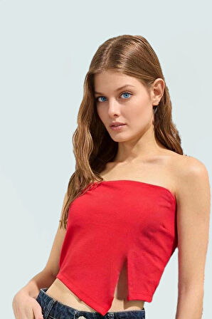 Fitted Straplez Crop Bluz Yan Fermuar Asimetrik Kesim Polyester Kumaş Profesyonel Görünüm