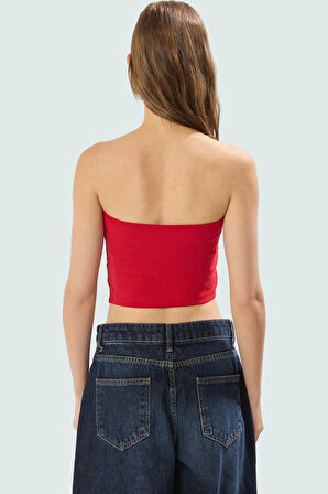 Fitted Straplez Crop Bluz Yan Fermuar Asimetrik Kesim Polyester Kumaş Profesyonel Görünüm
