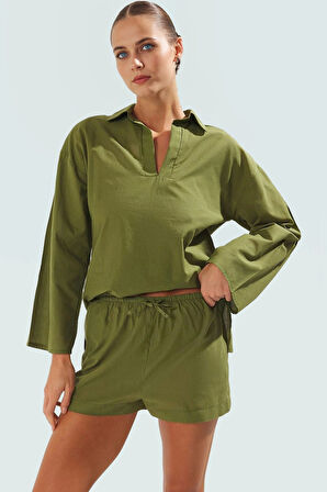 Rahat Pamuklu Leopar Desenli Şık Plaj Takımı Yaz İçin İdeal Gömlek Şort Kombin Özel Tasarım