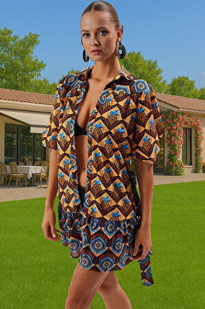 Rahat Etnik Desenli Mini Pamuk Vual Plaj Elbisesi Zarifane Tasarım Trend Tasarım