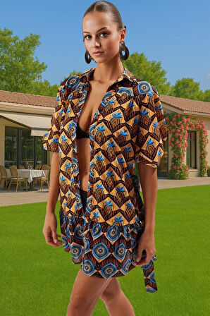 Rahat Etnik Desenli Mini Pamuk Vual Plaj Elbisesi Zarifane Tasarım Trend Tasarım