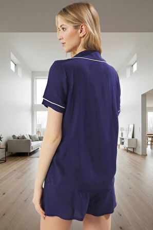 Yazlık Rahat %100 Viskoz Kadın Pijama Takımı Şortlu ve Gömlek Yaka Trend Tasarım Zarifane