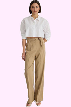 Kadın Dokuma Pantolon; Yüksek Bel Geniş Paça Straight Kalıp Düz Desen Yaz Aylarının Vazgeçilmezi