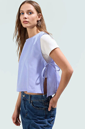 Terrycotton Dokuma Crop Bluz Bisiklet Yaka Çizgili Kolsuz Rahat Kalıp Kullanım