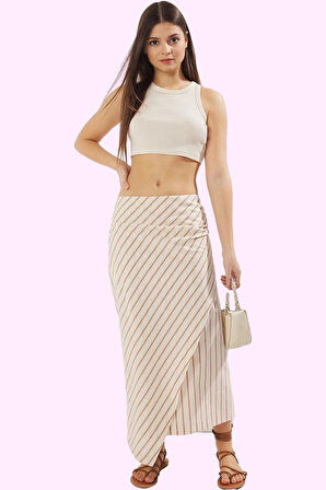 Kadın Çizgili Keten Görünümlü Pamuklu Sarong Midi Etek Günlük Yaz Kombinleri Modern Tasarım