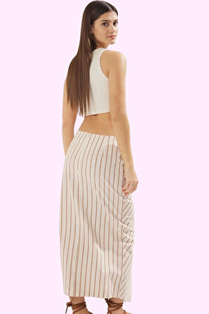 Kadın Çizgili Keten Görünümlü Pamuklu Sarong Midi Etek Günlük Yaz Kombinleri Modern Tasarım