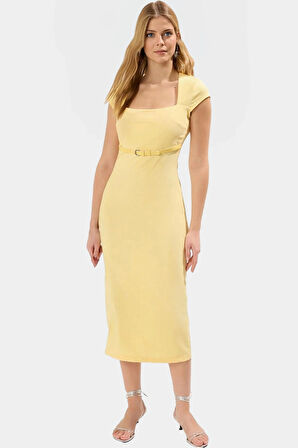 Bodycon Kesim Kısa Kollu Midi Elbise Dokuma Kemer Detaylı İş Elbisesi Rahat Kullanım Uzun Ömürlü