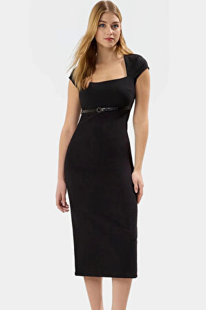 Bodycon Kesim Kısa Kollu Midi Elbise Dokuma Kemer Detaylı İş Elbisesi Rahat Kullanım Uzun Ömürlü