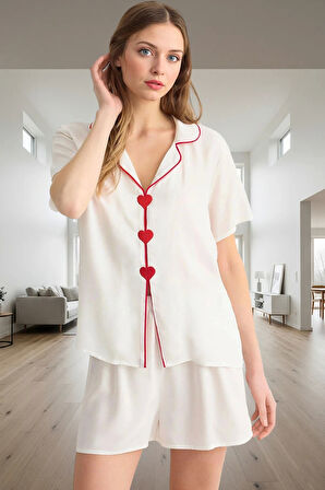 Rahat Viskoz Pijama Takımı Şortlu Kalpli Detaylı Yazlık Günlük Kullanım İçin Özenle Seçilmiş