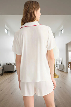 Rahat Viskoz Pijama Takımı Şortlu Kalpli Detaylı Yazlık Günlük Kullanım İçin Özenle Seçilmiş