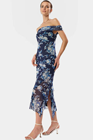 Çiçekli Bodycon Midi Elbise Tül Dokuma Carmen Yaka Rahat Kalıp Günlük Kullanım İçin