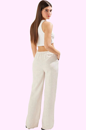 Kadın Regular Pantolon Geniş Paça Wide Leg Keten Görünümlü Dokuma Casual Dayanıklı Malzeme