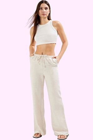 Kadın Regular Pantolon Geniş Paça Wide Leg Keten Görünümlü Dokuma Casual Dayanıklı Malzeme