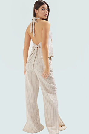 Rahat Çizgili Keten Takım Yelek ve Geniş Paça Pantolon Kaliteli İşçilik Mükemmel Uyum