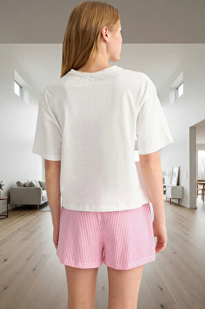 Rahat Pamuklu Pijama Takımı Çizgili Desenli Bisiklet Yaka Kısa Kollu Seçkin Malzeme