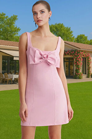 Kısa A Kesim Abiye Elbise Fiyonk Detayli Dokuma Polyester Yazlık Trend Tasarım Zarifane Tasarım