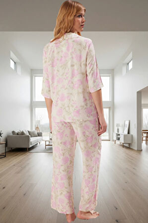 Şık Çiçek Desenli Viskoz Pijama Takımı; Rahat Nefes Alan 100% Kumaş Dayanıklı Malzeme